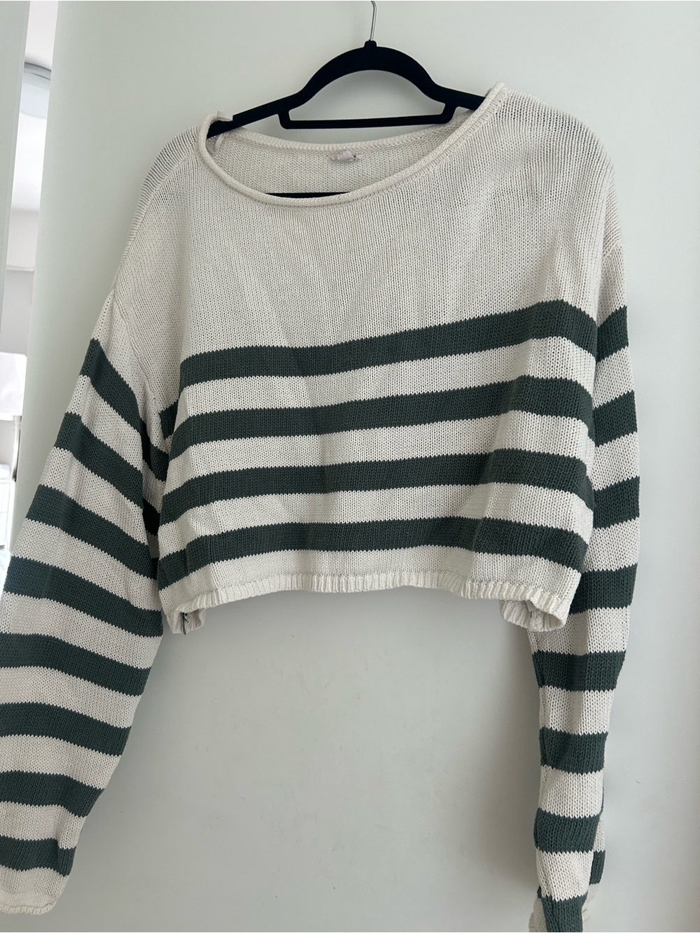 Garage Cropped Crewneck Sweater in White and Dark Green Stripes